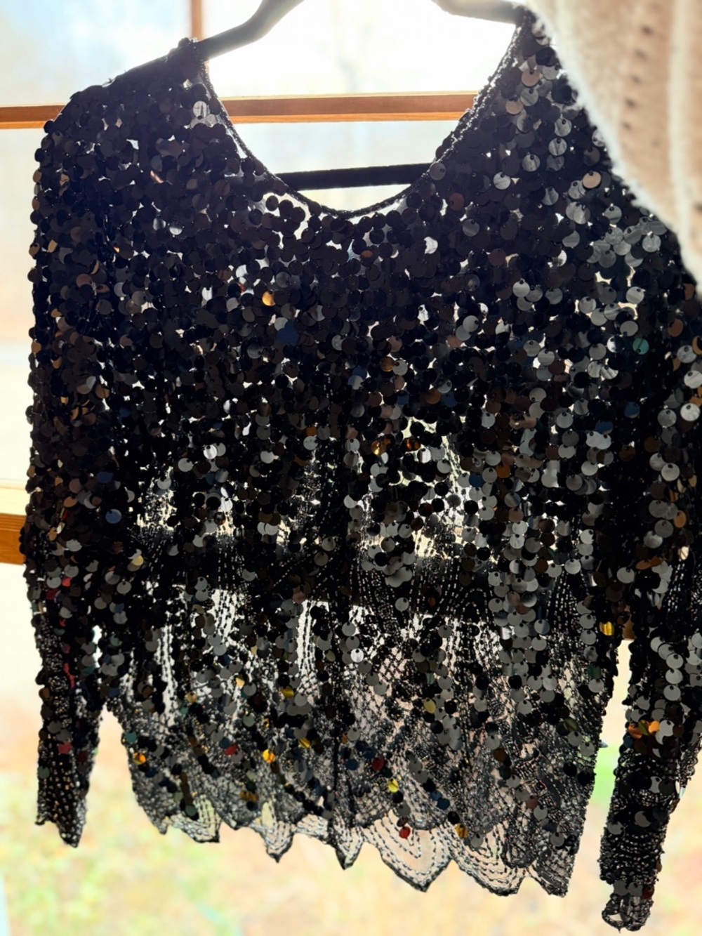 Vintage Black Sequin & Beaded  Scalloped Hem Top